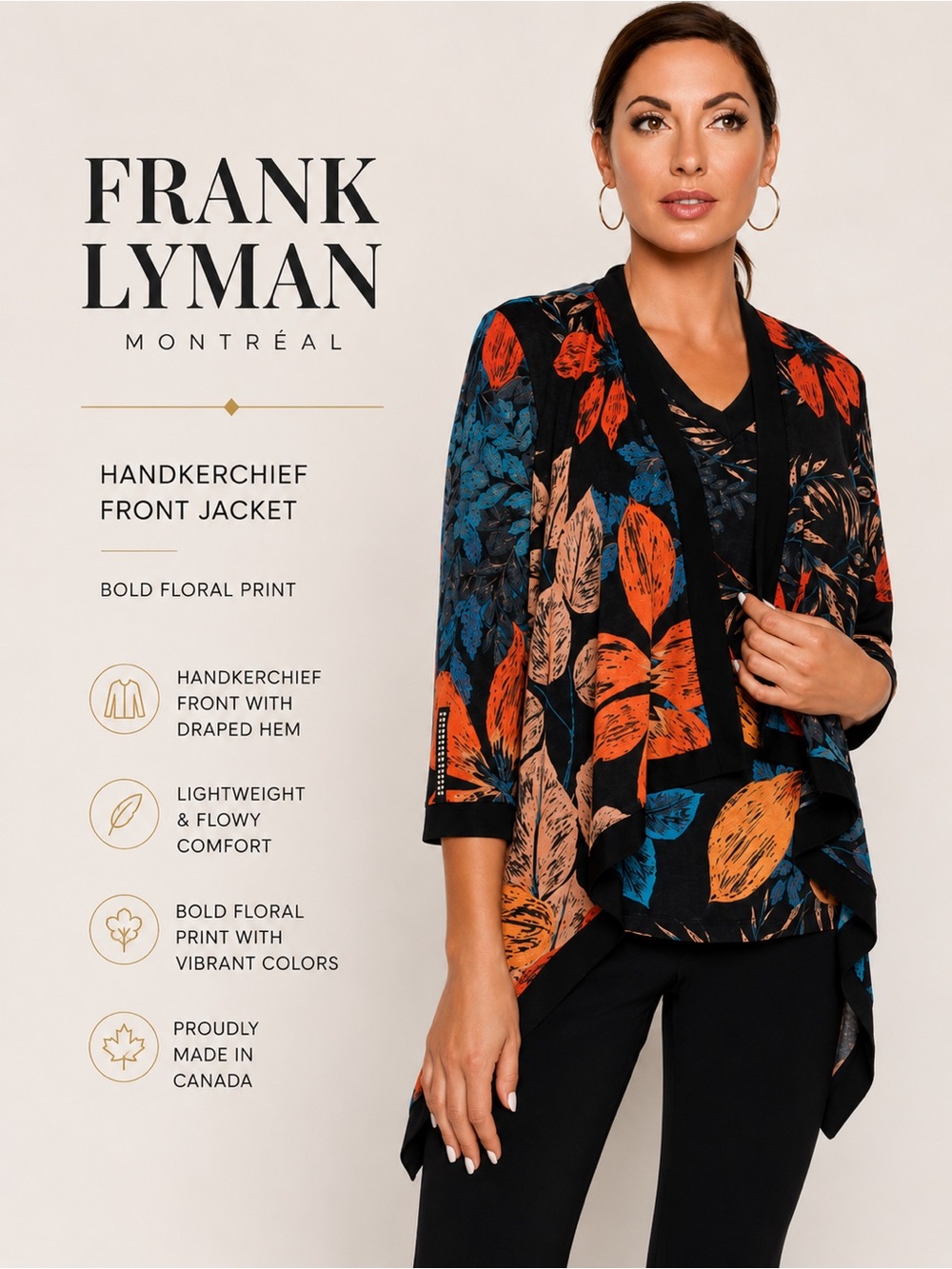 Frank Lyman Design Black Jacket with Orange and Blue Leaf Print